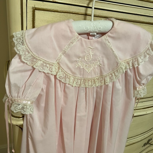 Pale Pink French Handsewn Lace Dress • pink/ivory/ecru • “F” monogram embroidery - Picture 2 of 5